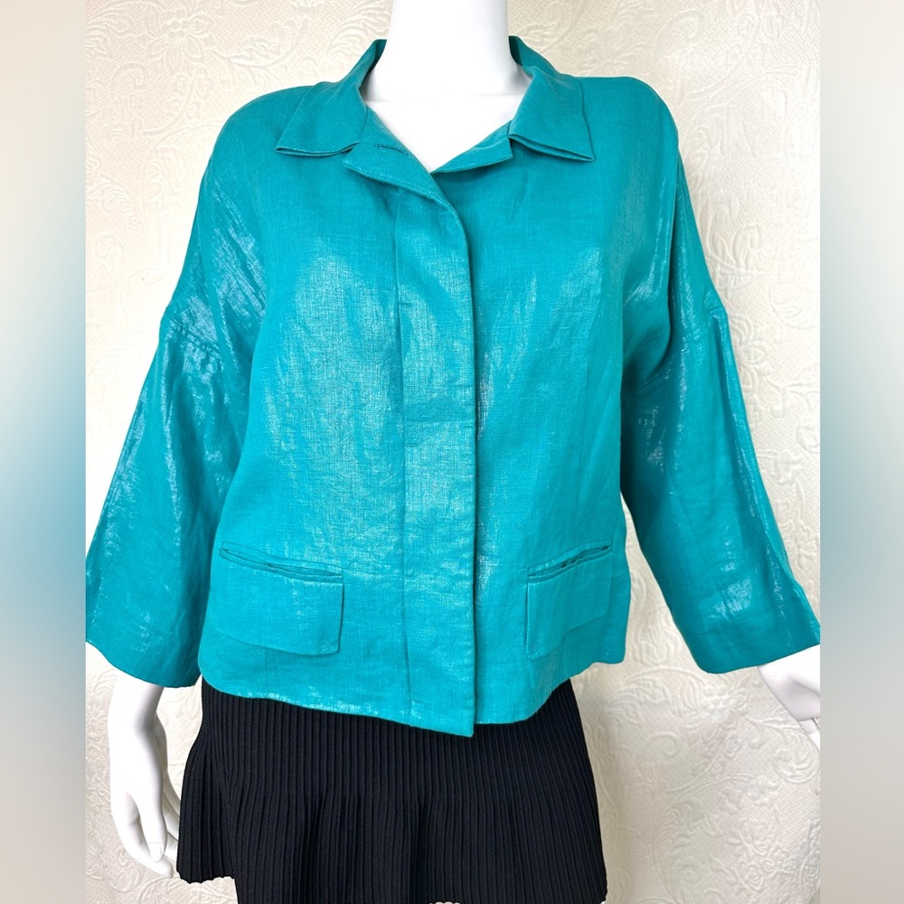 Per Se Metallic Linen Jacket Teal Shimmer Cropped Blazer